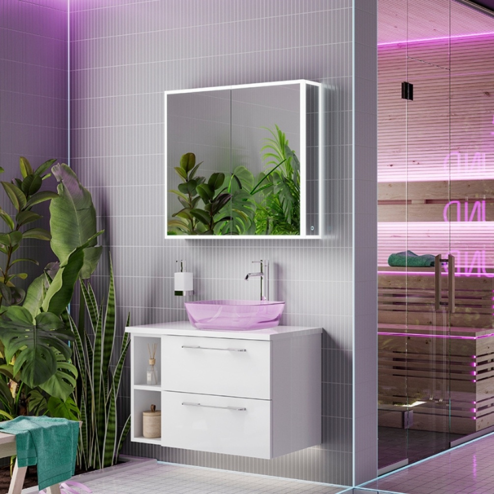 Product Lifestyle image of the HIB Sound 800mm Bluetooth LED Mirror Cabinet